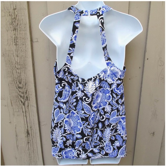 Lands End Swimsuit Tankini Top 12 Black White Floral Blue Padded Shelf Bra - Picture 5 of 9
